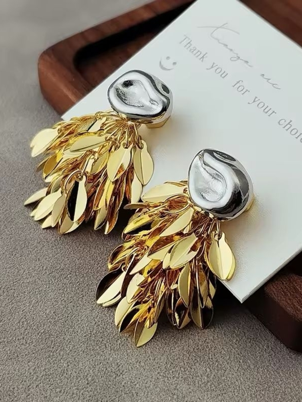 Two-Tone Gold Cluster Drop Earrings - Picture 2 of 5
